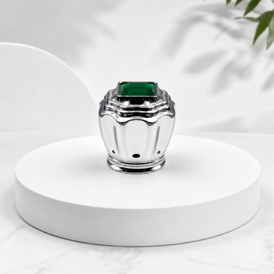 Φαρμακείο Custom Logo Mirror Silver Wavy Tiered Zamac Perfume Cap Gloss Zinc Alloy Wave Layer Lid με τετραγωνικό σμαραγδένιο κρύσταλλο συμβατό FEA15 50ml Vertical Rib Glass μπουκάλια αρώματος