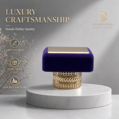Μωβ βελούδινο τετράγωνο επάνω ανάγλυφο βέλος με κουκκίδα χρυσό καπάκι αρώματος από κράμα ψευδαργύρου προσαρμοσμένο λογότυπο μοντέλο καπακιού μεταλλικού αρώματος για πολυτελή άδειο ντιζάιν άρωμα καλλυντικής συσκευασίας