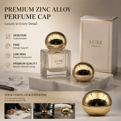 Tapa de perfume esférica de metal dorado con espejo, tapa esférica de aleación de zinc, accesorio cosmético de lujo con logotipo personalizado para botella de perfume de vidrio magnético
