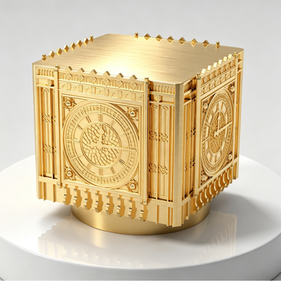 Λούξυ τετραγωνικό 3D ανάγλυφο ρολόι Πύργο Ζαμάκ Καπάκι αρώματος, βουρτσισμένο χρυσό κράμα ψευδαργύρου καπάκι μπουκαλιού αρώματος, Custom χαραγμένο λογότυπο αρχιτεκτονικό μεταλλικό καπάκι αρώματος
